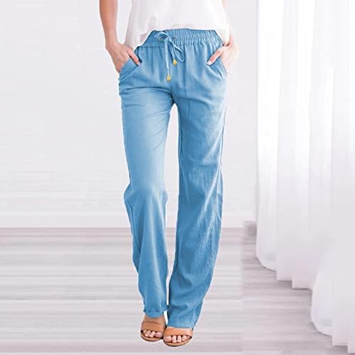 מקרית קיץ כותנה פשתן מכנסיים לנשים רחב רגל מכנסיים עם כיסים בבאגי מוצק צבע ישר רגל מכנסיים חוף מכנסיים