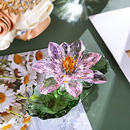 H&D Hyaline & Dora Pink Sparkle Crystal Hue השתקפות פרח לוטוס קריסטל, עיצוב בית זכוכית לפנג שואי, קופסא מתנה