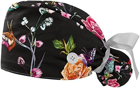 כובע עבודה של 2 יחידות עם סרט כפתור קשירה לאחור של רקמת וינטג 'פרפר פרפר פרפר פרחים קוקו כובעי קוקו לנשים