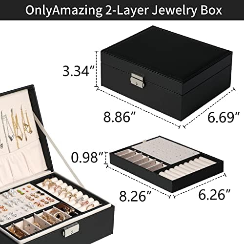 רק קופסת תכשיטים שחורה של עור PU, מארגן מחזיק שרשרת תכשיטים שכבה כפולה מארז אחסון עם מנעול