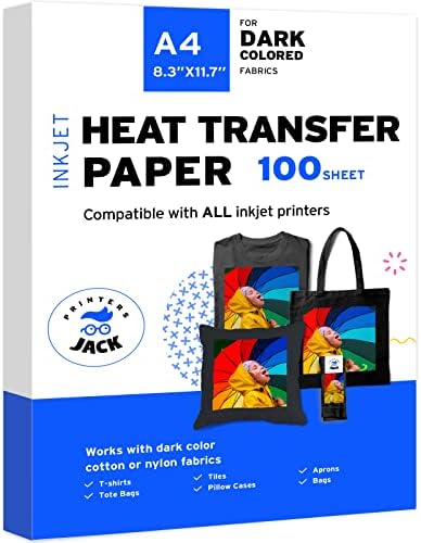 מדפסות ג'ק ברזל-על העברת חום נייר לבד כהה 100 חבילה 8.3 X11.7 חולצת טריקו נייר העברת טריקו לשטיפת מדפסת דיו עמידה, העברה לאורך זמן, ללא