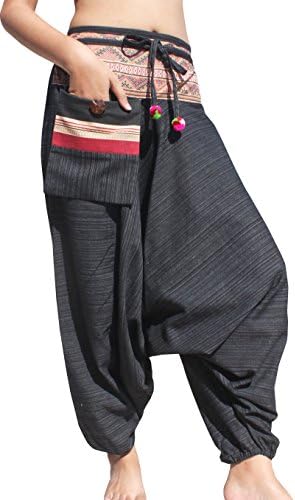 Raanpahmuang Premium Cotton Yoga Harem, מכנסי בוהו לנשים, עם כיס צדדי, מכנסי שבט רחבים היפים