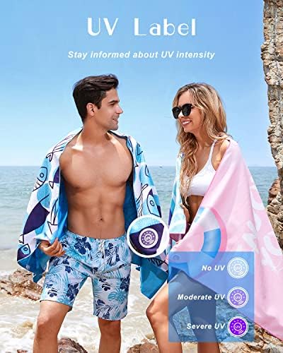מגבת חוף Zooaoxo, עם גילוי עוצמת UV, מגבות קמפינג, ללא חול, ייבוש מהיר, רך וידידותי לעור, עיצוב חבלים אלסטי, שקית אחסון כלולה