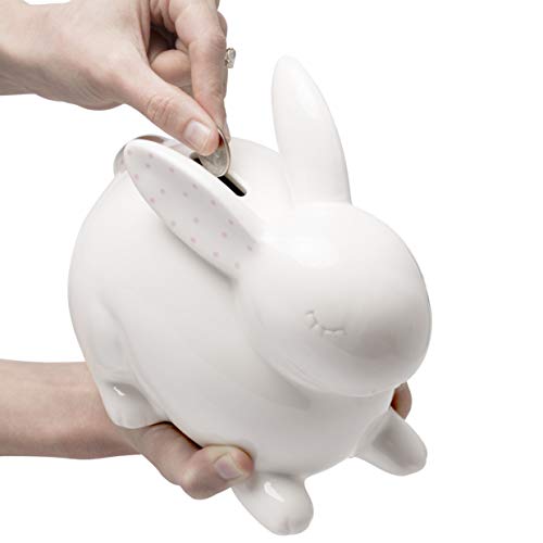 בנק מטבעות ארנב קרמיקה של Pearahead, עיצוב פעוטון ניטרלי מגדרי, מזכרת או חיסכון בצעצועים לבנק לילדים, בנק פיגי מודרני, לבן