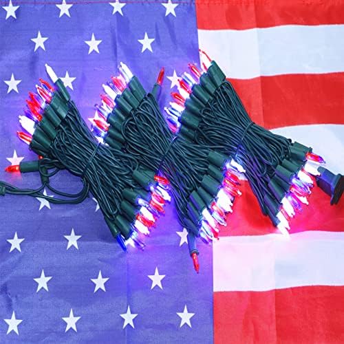 ברק מזל 150 אורות דגל אמריקאים לבנים וכחולים אדומים, אורות מחרוזת חוטים ירוקים בצבע לד, לחג המולד הפנימי והחיצוני, 4 ביולי, פטיו.