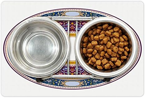 מחצלת חיות מחמד מזרחית למזון ומים, עיצוב עתיק עגול מפורט בארוקו מרוקאי מעוטר פרחוני וינטג ' מעוקל, מלבן מחצלת גומי מונעת החלקה לכלבים