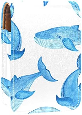 כחול לווייתן קריקטורה דפוס קטן שפתון מקרה עם מראה עבור ארנק, עמיד עור קוסמטי איפור מחזיק, נייד נסיעות קוסמטי ערכת אחסון