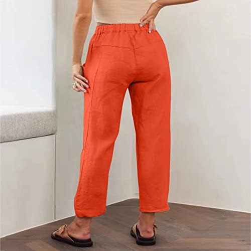 מכנסי פשתן כותנה מכנסיים ארוכים המותניים הגבוהים משיכת מכנסיים מזדמנים בכושר עם כיסים