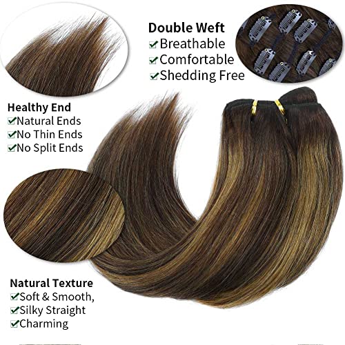 22 קליפ בתוספות שיער שיער טבעי אמיתי, תוספות תוספות שיער אדם קליפ ישר, 120 גרם/7 יחידות משיי ישר חום שוקולד כדי קרמל בלונד תוספות שיער