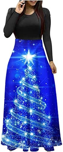 שמלות חג המולד של Sunaei לנשים 2023 שמלות ארוכות מתנדנדות טלאים אימפריה מותניים מותניים עץ חג המולד הדפס שמלת מקסי רופפת