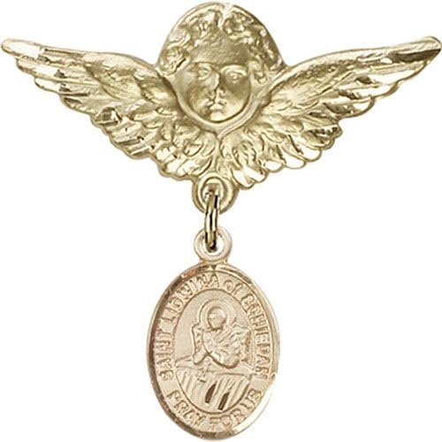 זהב מלא תינוק תג עם סנט לידווינה של שידאם קסם ומלאך עם כנפי תג פין