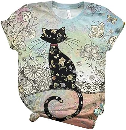 נשים של קיץ קצר שרוול חולצות חמוד חתול גרפי חולצות פרחוני הדפסת צווארון חולצה בתוספת גודל מזדמן רופף טי חולצה