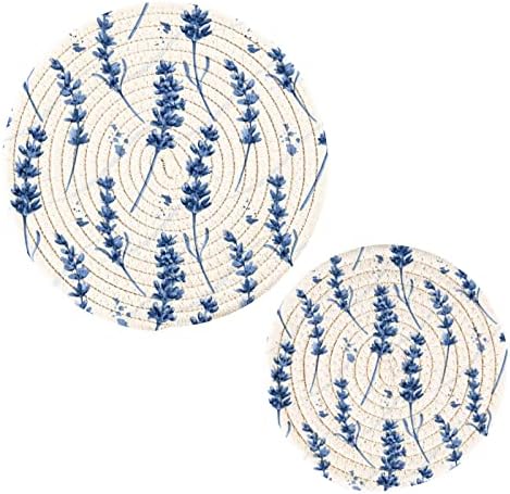 סגנון רטרו של אלזה עם פרחי לבנדר כחולים מחזיקי סיר טריבטים מוגדרים 2 יח ', תמציות למטבחים, חופי כותנה טריבטים למנות חמות/סירים חמים ומחבתות/מחזיקי