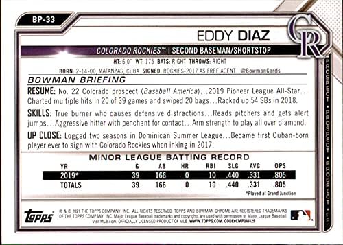 2021 סיכויי Bowman BP-33 אדי דיאז 1 כרטיס Bowman כרטיס קולורדו רוקיס MLB כרטיס מסחר בייסבול