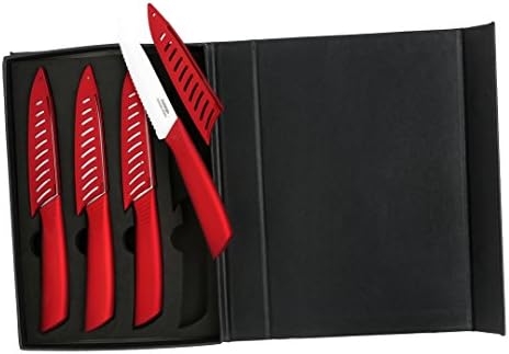תערובת 8-חתיכה קרמיקה סטייק סכין סט עם מתכתי אדום ידית ולבן להב