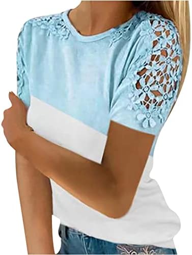 חולצות קיץ לנשים תחרה תחרה קצרות שרוול קצרים אופנתיים בצבע אחיד חולצה צוואר צוואר חולצת טש חולצה מזדמנת לבוש