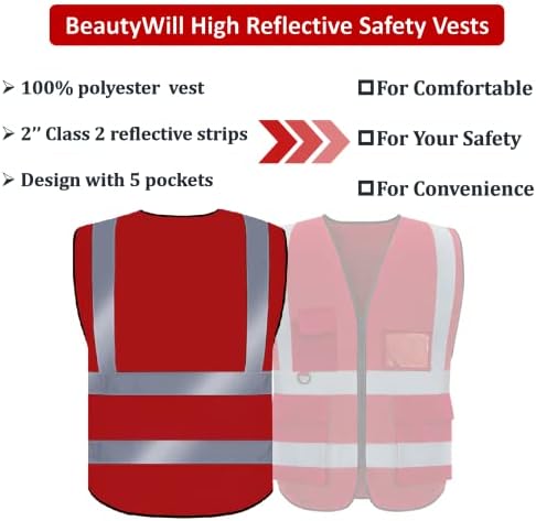 BeautyWill כיסים רב-פונקציונליים אפוד בטיחות קדמית עם רוכסן עם רצועות רפלקטיביות עומדים בתקני ANSI/ISEA