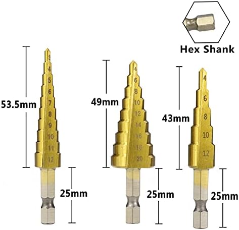 Xmeifeits מקדח שלב 3 יחידות HSS מקדח צעד סט חרוט חותך חותך מחודד מטרי T-t-eTanium מתכת מתכת מתכת ליבה ליבת חתיכות עץ