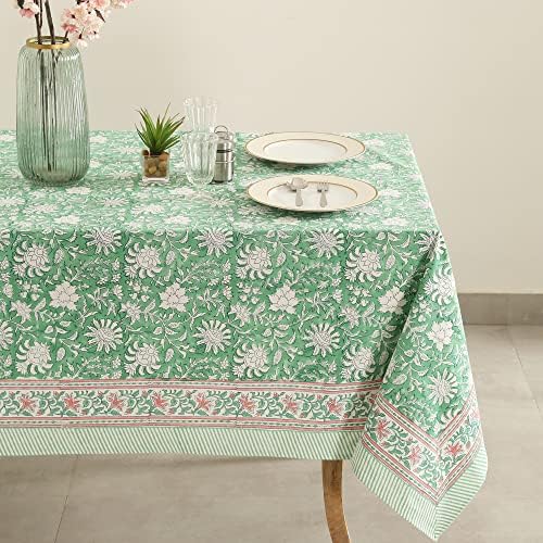 Labhanshi Block Block Print מפות שולחן, כיסוי שולחן כותנה פרחוני ירוק, בד שולחן חתונה של חג הפסחא, מפות חווה של בוהו, מתנה לבית חדש 8