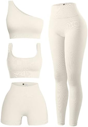 OQQ לנשים 4 תלבושות חתיכות צלעות פעילות גופנית צוואר ספורט צוואר חזיית כתף אחת צמרת מכנסיים קצרים מותניים גבוהים