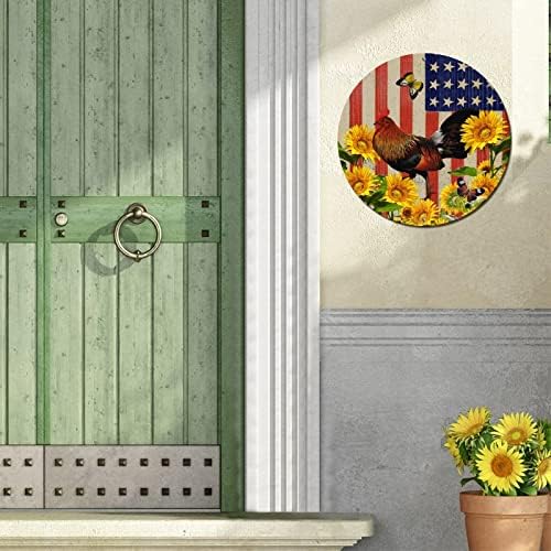 שלט מתכת עגול פח מעוגן פטריוטי דגל אמריקאי חווה תרנגול עוף חמניות וחמניות וינטג 'שלט חדר קיר שלט קיר פוסטר מתכת דקורטיבי לפאב קישור בית