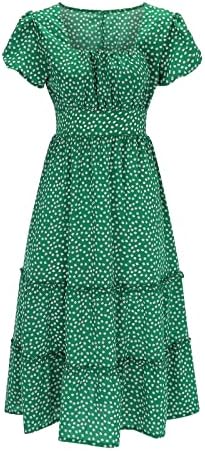 שמלת קיץ לנשים נשים של פרחוני כיכר צוואר פאף קצר שרוול לפרוע שולי בוהו שמלה קצר לעטוף שמלה