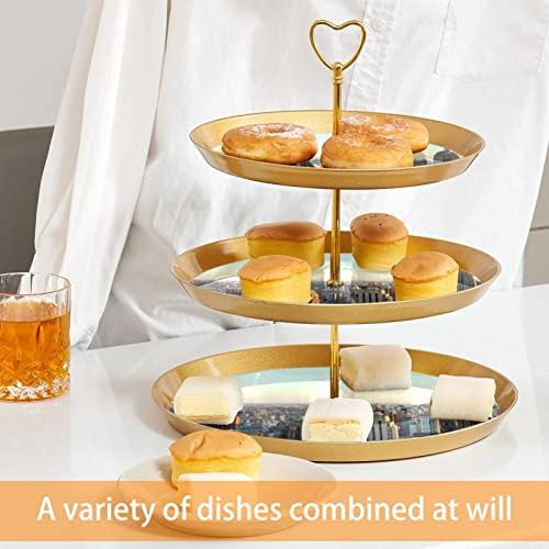 מחזיק עוגות דפוס עירוני למאפה, 3 עוגת זהב מפלסטיק שכבה לשולחן קינוח, מדד תצוגת מגדל עץ קאפקייקס מתלה מאפה