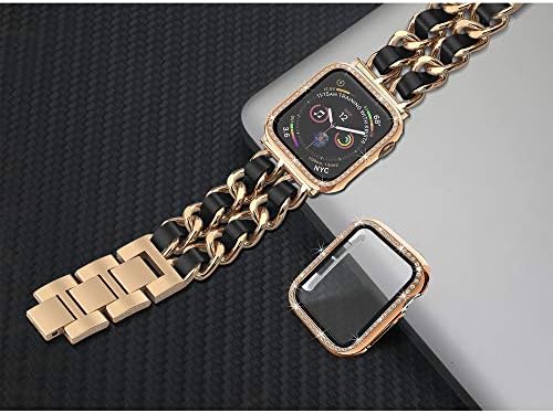 להקת Mosonio Apple Watch תואמת את סדרת IWatch 6/5/4, להקת IWatch עם 2 חבילות 40 ממ מארז לנשים - שרשרת מתכת זהב ורד עם רצועת עור שחורה