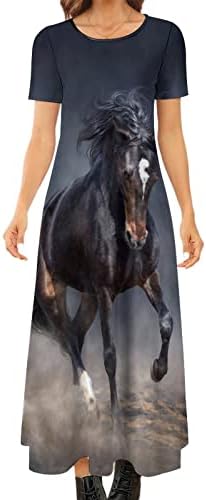 פראי סוס לרוץ בחושך מדבר אבק נשים של מקסי שמלת צווארון עגול מזדמן ארוך שמלה קצר שרוול ערב שמלות