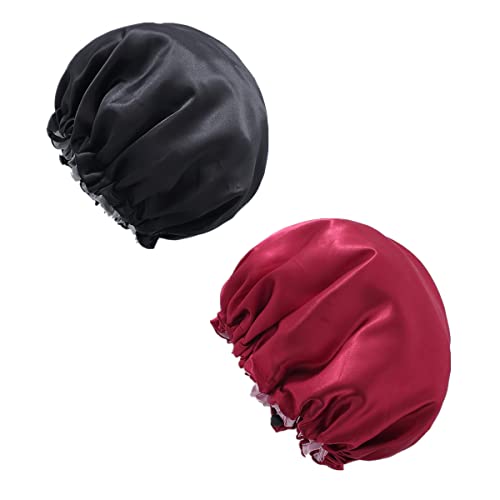 מצנפת סאטן לנשים מצנפת שיער שחור ואדום מצנפת משי לשיער מתולתל כובע סאטן לשינה 2 יחידות