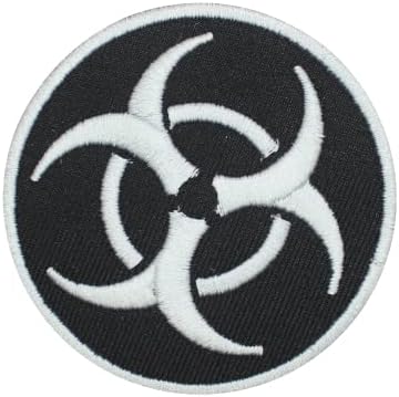 סמל Biohazard ברזל רקום לבן על תפירה על תג טלאים לבגדים וכו '7 סמ