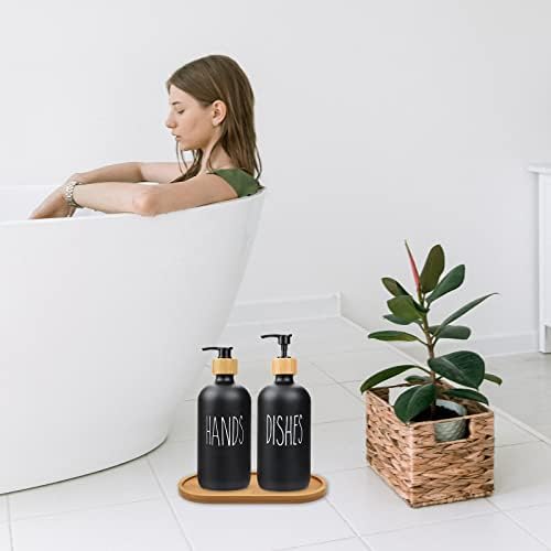 Fantasyon 2 חבילות סבון סבון מזכוכית סט עם מגש עץ סבון ידיים ומתקן סבון כלים סט לעיצוב אמבטיה בית חווה אביזרי מטבח כפרי שחור שחור