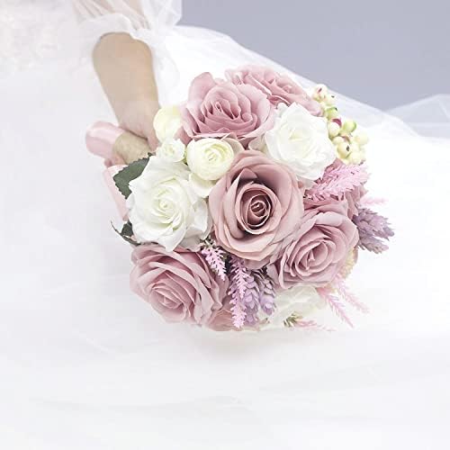 זר חתונה כלה ביתי - 9 אינץ 'ורדים לבנים ורודים מאובקים פרח חתונה ממגע אמיתי עם ידית יוטה וינטג' וגרגרי פירות יער