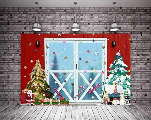 20x10ft חג המולד אסם כפרי אדום וינטג 'רקע מעץ מסגרת דלת לבנה מסגרת קריקטורה עץ חג המולד סנטה סיבה רקע