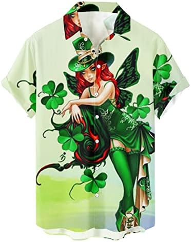 Mens St Patricks Day חולצה אירית תלתן גנום הדפס טיז גולף מצחיק שרוול קצר רופף כפתור כפתור אימון צמרות אימון