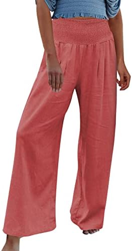 קיץ מזדמן כותנה פשתן מכנסיים לנשים בבאגי ישר רגל מכנסיים גבוהה מותן ארוך מכנסיים עם כיסים נוח מכנסיים