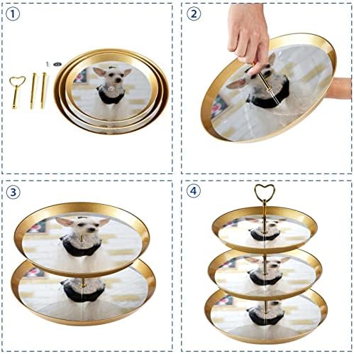 עמדת עוגות סט 3 דוכני קאפקייקס שכבה פלטת מאפה לשימוש חוזר לקישוטים למסיבות תה יום הולדת, חיה כלב לבן לבן יפה