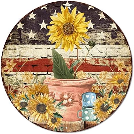 שלט מתכת עגול לוח עץ מעוגן דגל פטריוטי פטריוטי דגל אמריקאי וחמניות פרחוניות שלט זר וינטג