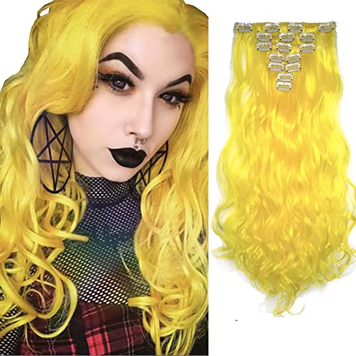 20 7 יחידות מלא ראש צהוב צבע גלי מתולתל ארוך קליפים על סינטטי שיער הרחבות 2 ג צהוב 16 קליפים נוכריות 100 גרם עבה קליפ על הארכת שיער לנשים