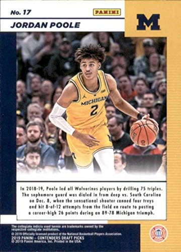 2019-20 מתמודדים של פאניני בוחרים דראפט כרטיסים ליום המשחק מספר 17 ג'ורדן פול מישיגן וולברינס RC טירון כרטיס מסחר בכדורסל