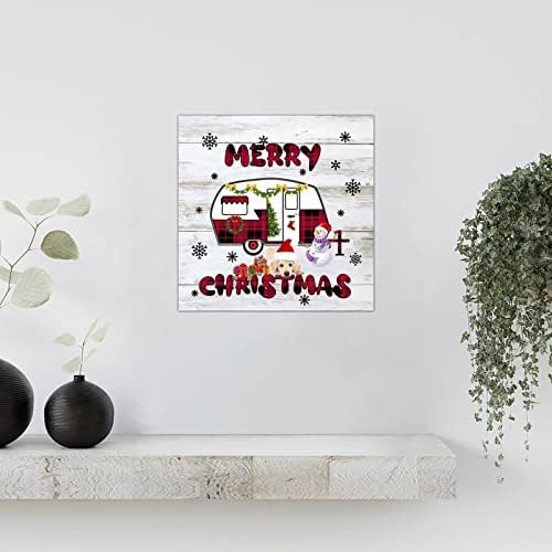 חג שמח עם שלטי עץ כלבים עץ שלג עץ אדום משובץ קרוון קיר קיר שלטי אמנות וינטג 'שמחה לחג המולד הבית קישוט קיר משפחתי לקישוט חדר שינה ביתי