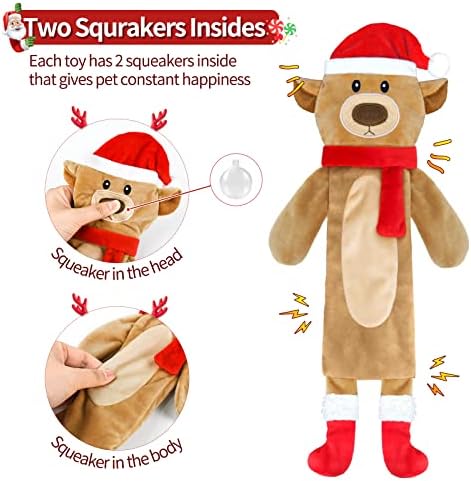 YOOCHEE 3 חבילה צעצועי כלבים חורקים לחג המולד, קטיפה ללא צעצוע למילוי לגור כלבים, צעצועי עקיצת לעיסה עמידים לכלבים גדולים בינוניים, איילים