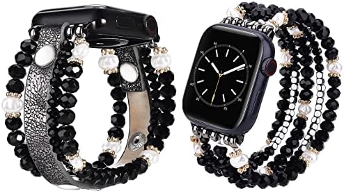 צמיד V-Moro חרוזים תואם עם Apple Watch 38 ממ/40 ממ/41 ממ סדרה 7/6 נשים נוצץ החלפת רצועת עור נוצצת לסדרת IWatch SE/5/4/3/2/1 שחור
