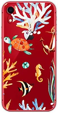 מארז ה- iPhone XR של Blingy, דפוס צב מהנה עם דגי אוקיינוס ​​חמודים קריקטורה חיה סגנון חוף סגנון TPU רך TPU מגן מארז ברור תואם לאייפון